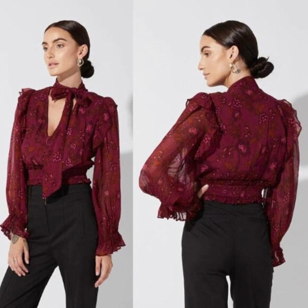 Cleobella Long Sleeve Chiffon Olivia Blouse Botanical Floral Burgundy Tie Neck L